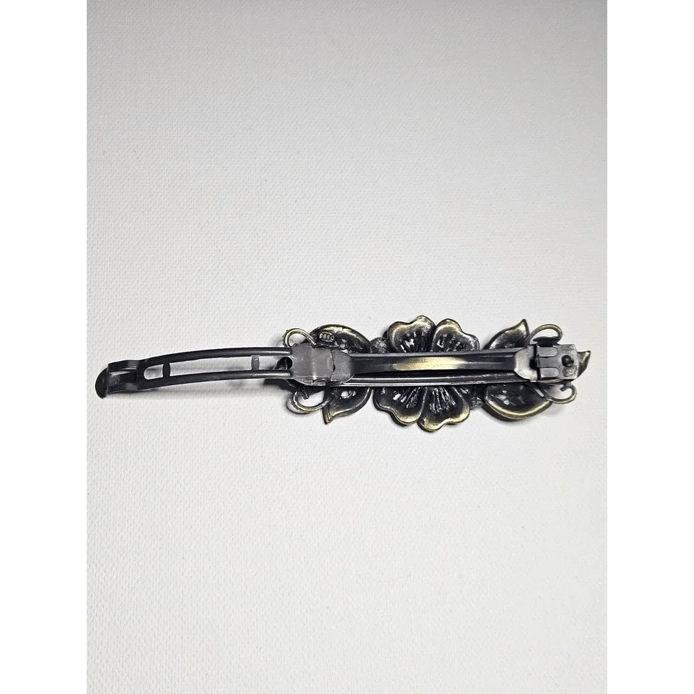 Vintage Antiqued Brass Floral Hair Barrette Clip Multicolor Rhinestone Flower
